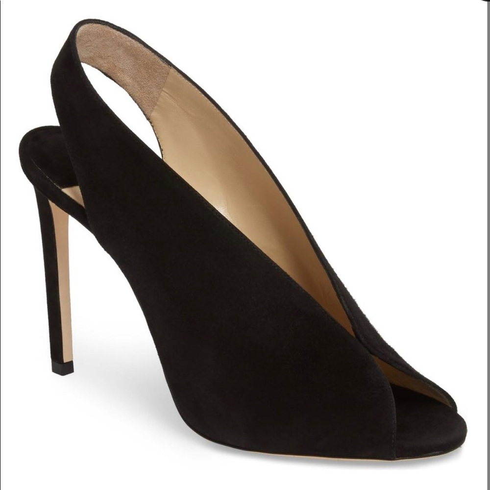 Jimmy Choo Black Shar Peep Toe Slingback Pump Suede in size 37.
